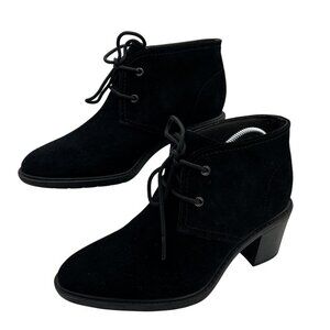 Clarks Womens 8.5 Black Suede Boot Lace Up Heeled Ankle Booties Office Old Money
